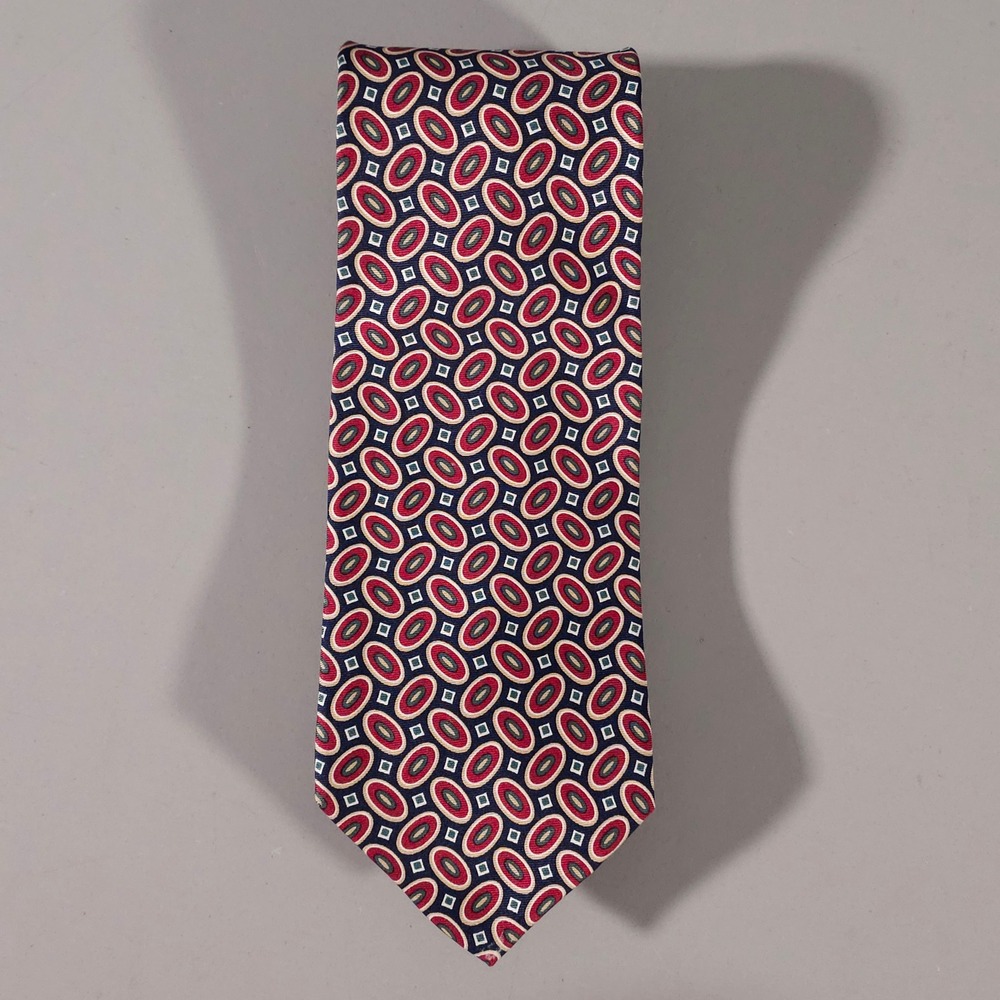 Brooks Brothers Silk Necktie Mens OS Navy Blue Red Geometric Oval Pattern USA